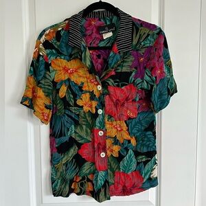 Vintage 90's Carole Little Floral Print Striped Collar Button Down Shirt - 4